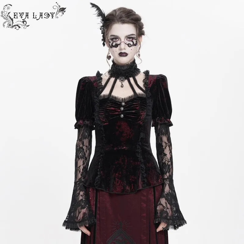 Gothic Mesh Puff Langarm Samthemd für Damen Rot