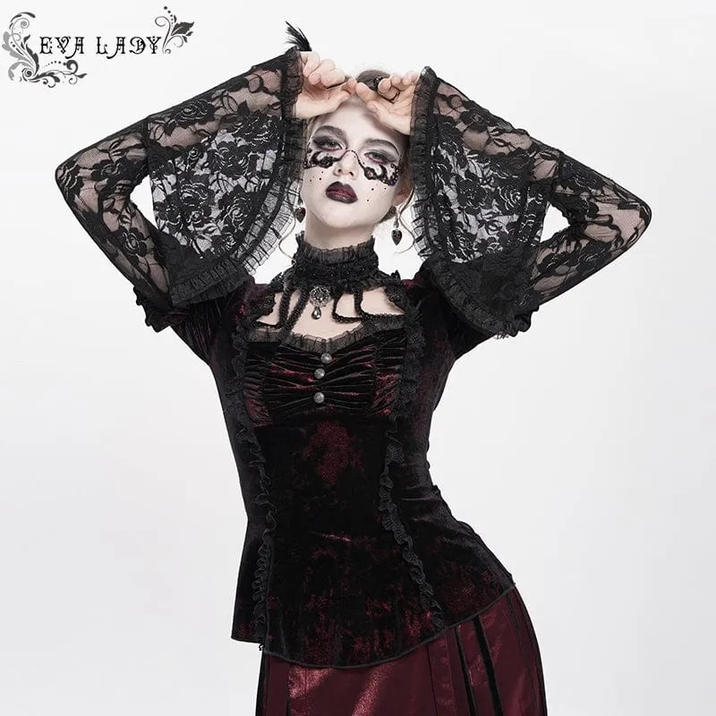 Gothic Mesh Puff Langarm Samthemd für Damen Rot