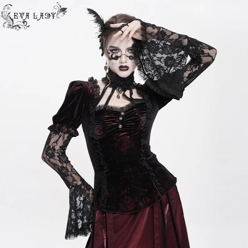 Gothic Mesh Puff Langarm Samthemd für Damen Rot