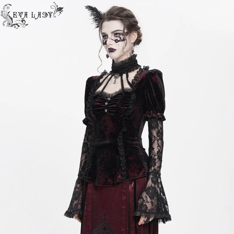 Gothic Mesh Puff Langarm Samthemd für Damen Rot