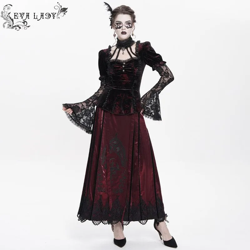 Gothic Mesh Puff Langarm Samthemd für Damen Rot