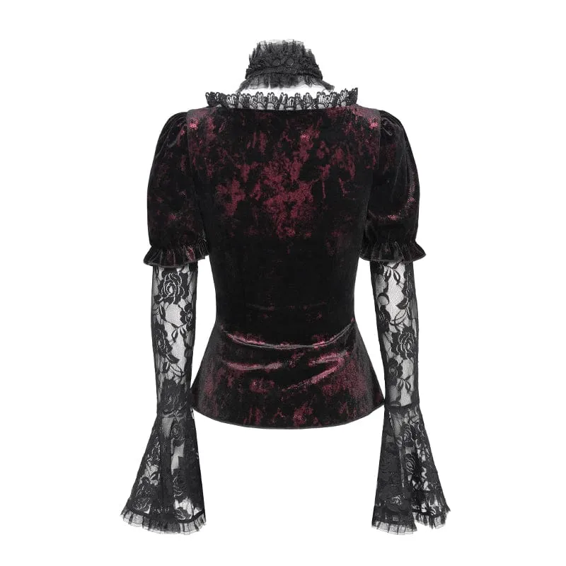 Gothic Mesh Puff Langarm Samthemd für Damen Rot