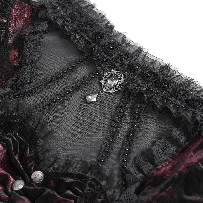 Gothic Mesh Puff Langarm Samthemd für Damen Rot