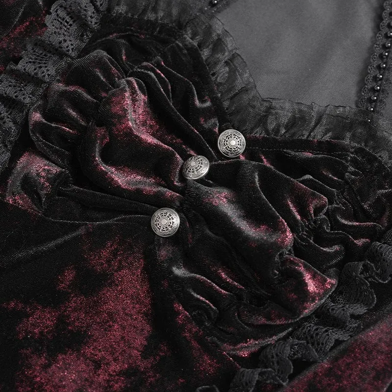 Gothic Mesh Puff Langarm Samthemd für Damen Rot