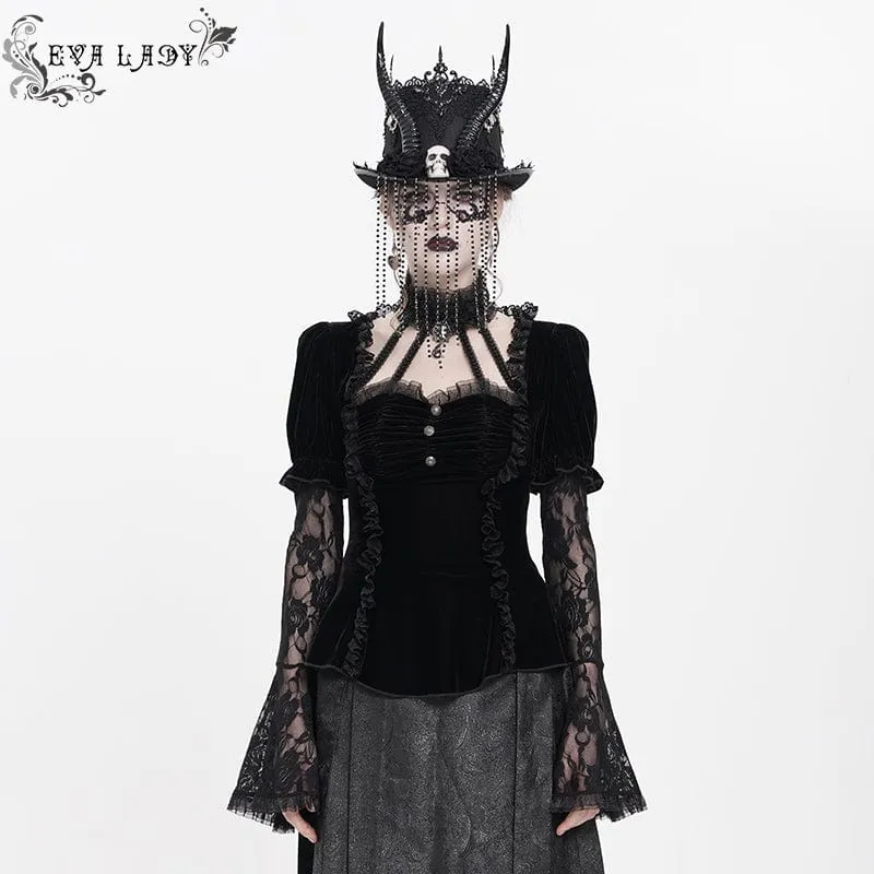 Gothic Mesh Puff Langarm Samthemd für Damen Schwarz