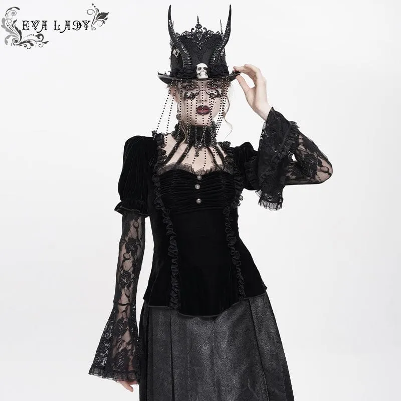 Gothic Mesh Puff Langarm Samthemd für Damen Schwarz