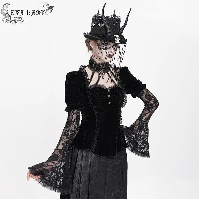 Gothic Mesh Puff Langarm Samthemd für Damen Schwarz