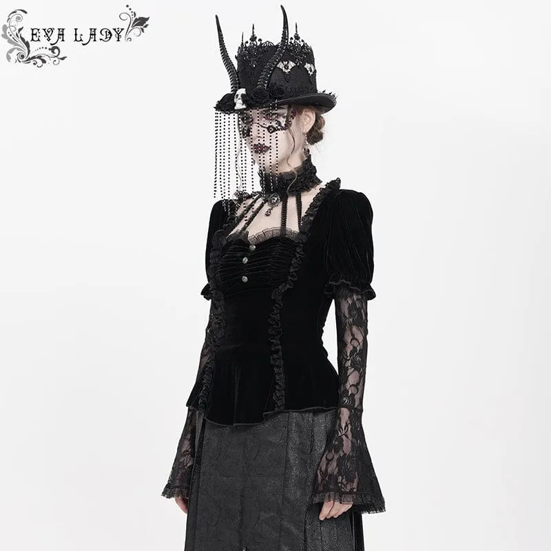 Gothic Mesh Puff Langarm Samthemd für Damen Schwarz