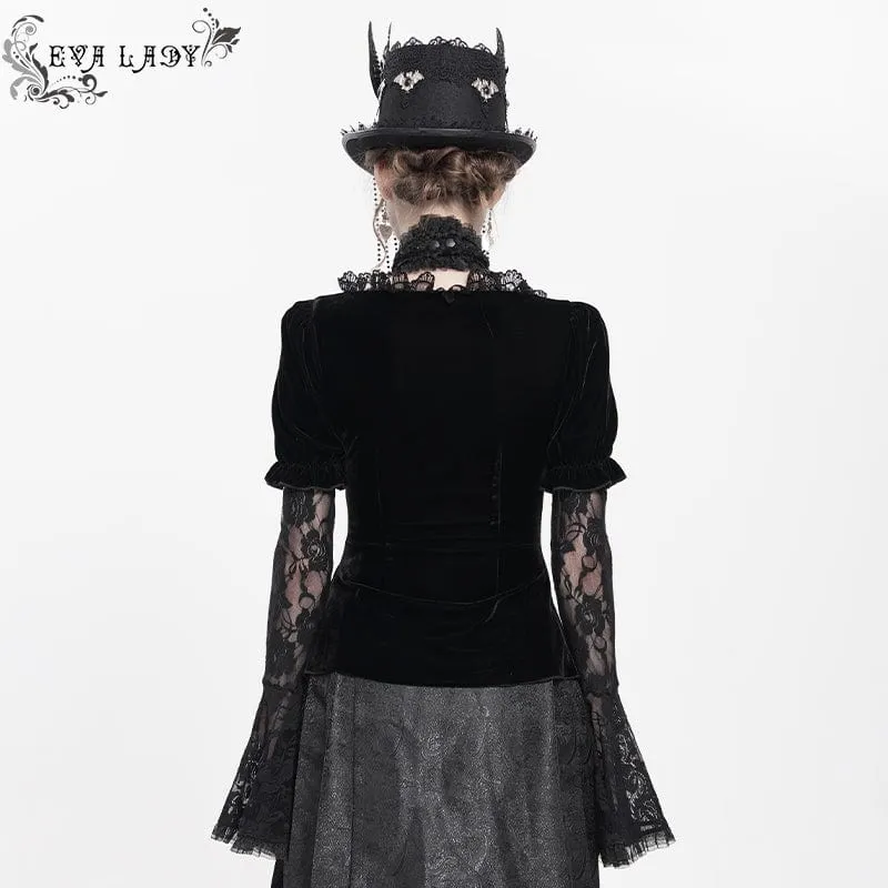 Gothic Mesh Puff Langarm Samthemd für Damen Schwarz