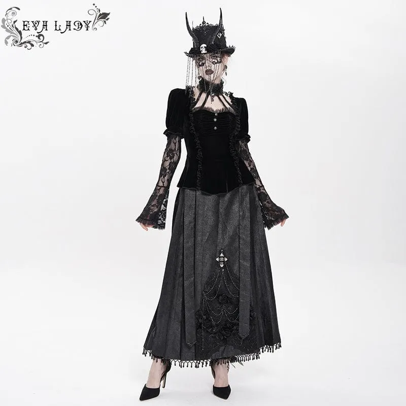 Gothic Mesh Puff Langarm Samthemd für Damen Schwarz