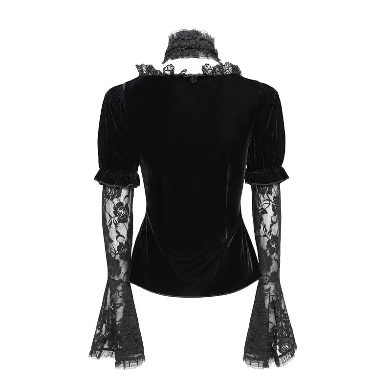 Gothic Mesh Puff Langarm Samthemd für Damen Schwarz