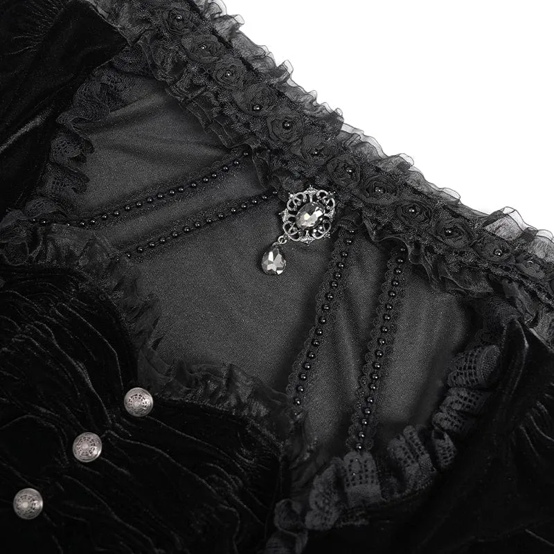 Gothic Mesh Puff Langarm Samthemd für Damen Schwarz