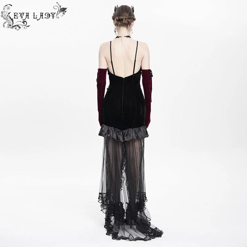 Gothic-Kleid für Damen mit floraler Stickerei, Netzsaum und langem Unterkleid, Hochzeitskleid