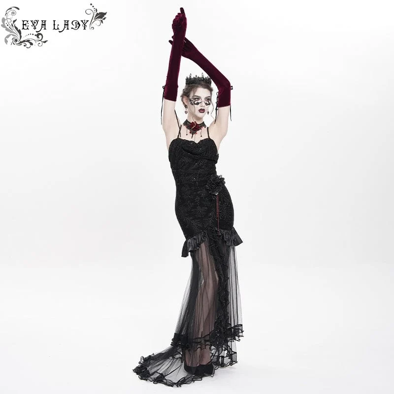 Gothic-Kleid für Damen mit floraler Stickerei, Netzsaum und langem Unterkleid, Hochzeitskleid