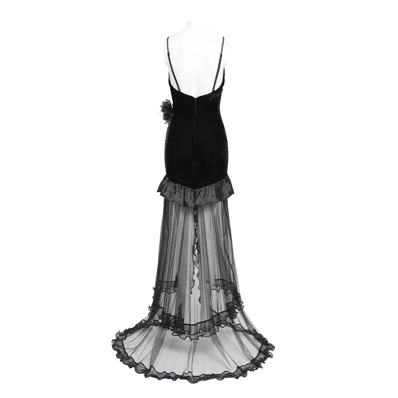 Gothic-Kleid für Damen mit floraler Stickerei, Netzsaum und langem Unterkleid, Hochzeitskleid