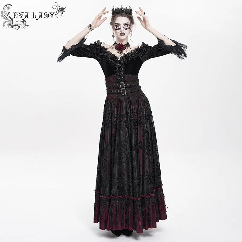 Gothic Jacquard Quasten Schnallen Langer Rock für Damen Rot