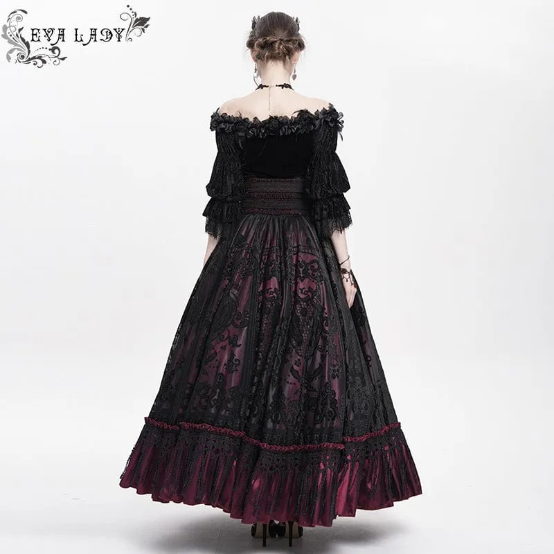 Gothic Jacquard Quasten Schnallen Langer Rock für Damen Rot