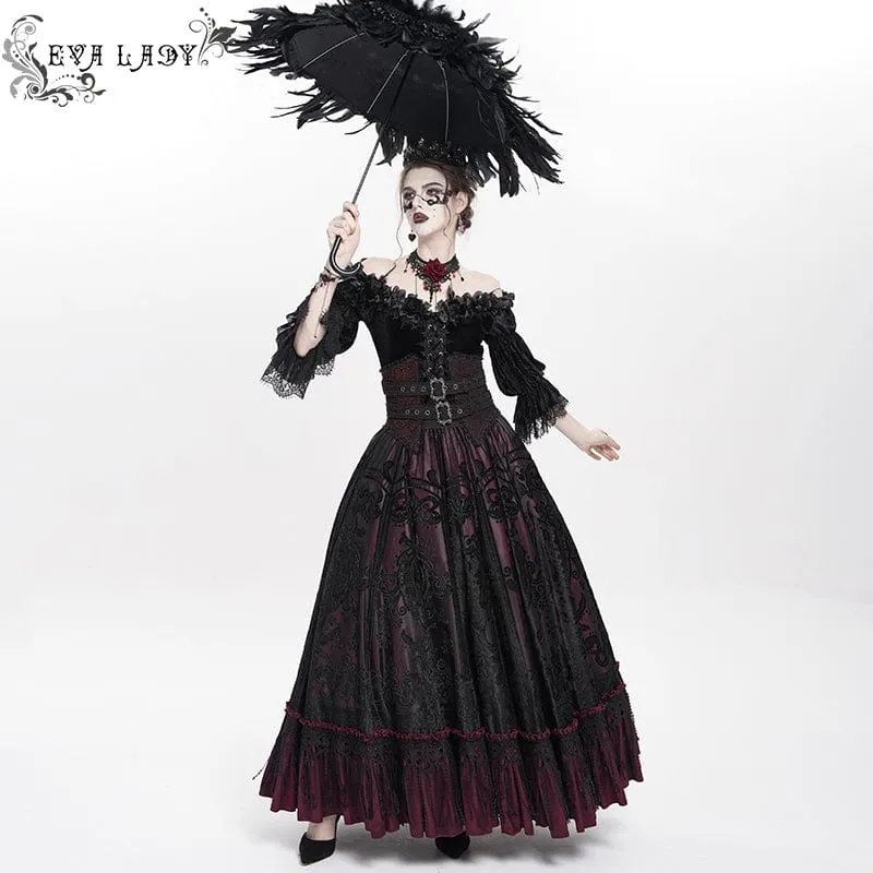 Gothic Jacquard Quasten Schnallen Langer Rock für Damen Rot