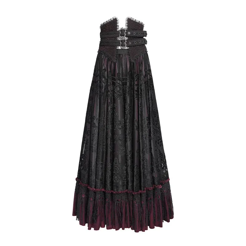 Gothic Jacquard Quasten Schnallen Langer Rock für Damen Rot