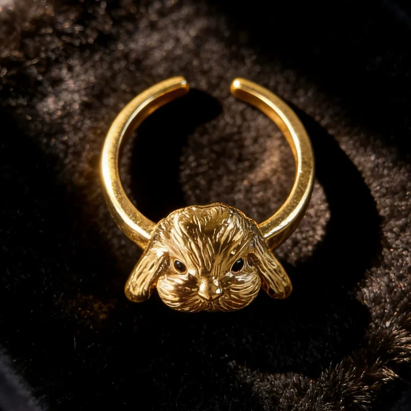Gothic-Ring für Damen mit 3D-Hasenkopf-Motiv und offenen Bändern.