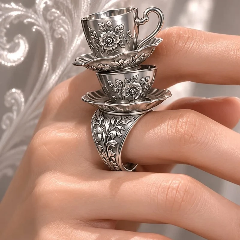 Gothic-Ring für Damen mit 3D-Blumenmuster, verziert mit Teetasse und Untertasse, offener Ring