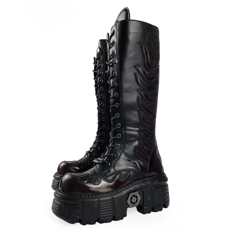 Damen-Motorradstiefel im Punk-Stil mit Flammenapplikation, Schnürung, runder Zehenpartie, Plateau und dicker Sohle