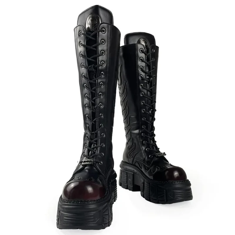 Herren-Motorradstiefel im Punk-Stil mit Flammenapplikation, Schnürung, runder Zehenpartie, Plateau und dicker Sohle