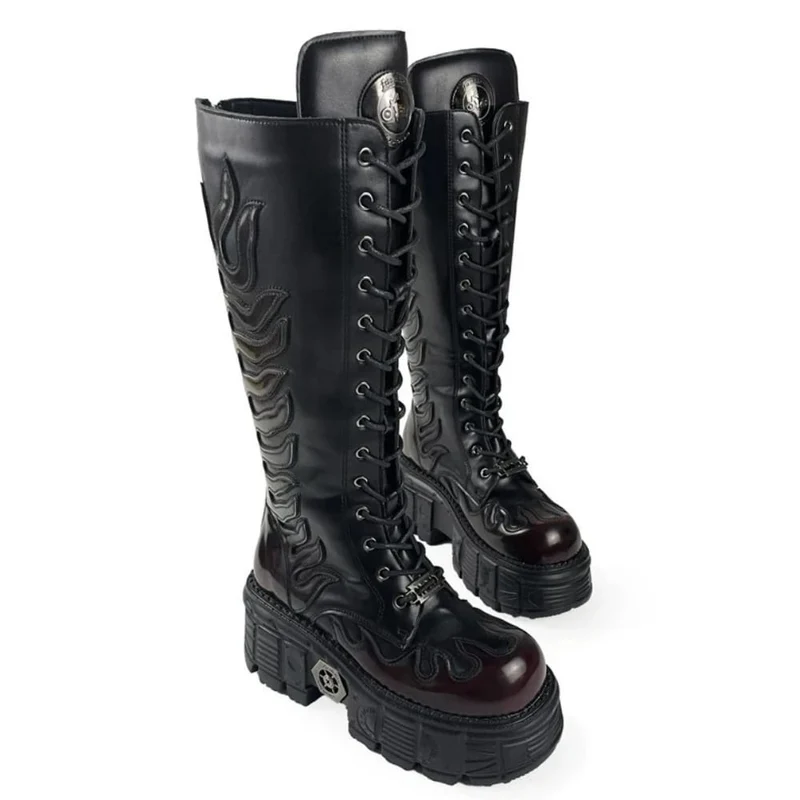Herren-Motorradstiefel im Punk-Stil mit Flammenapplikation, Schnürung, runder Zehenpartie, Plateau und dicker Sohle