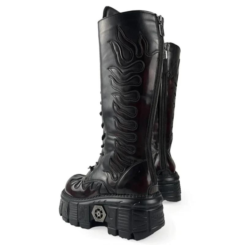 Herren-Motorradstiefel im Punk-Stil mit Flammenapplikation, Schnürung, runder Zehenpartie, Plateau und dicker Sohle