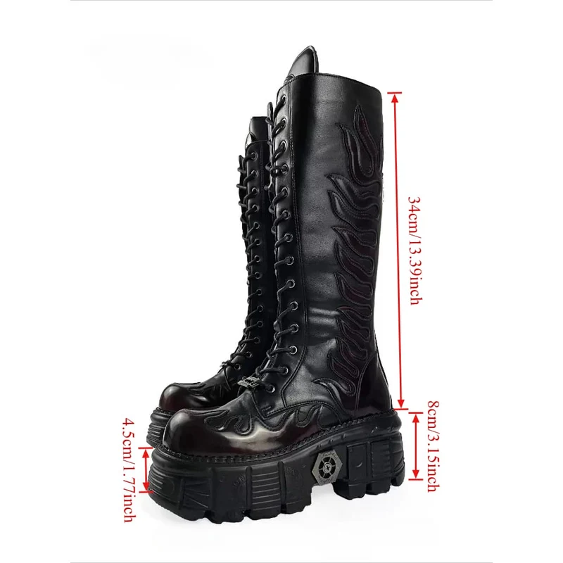 Herren-Motorradstiefel im Punk-Stil mit Flammenapplikation, Schnürung, runder Zehenpartie, Plateau und dicker Sohle
