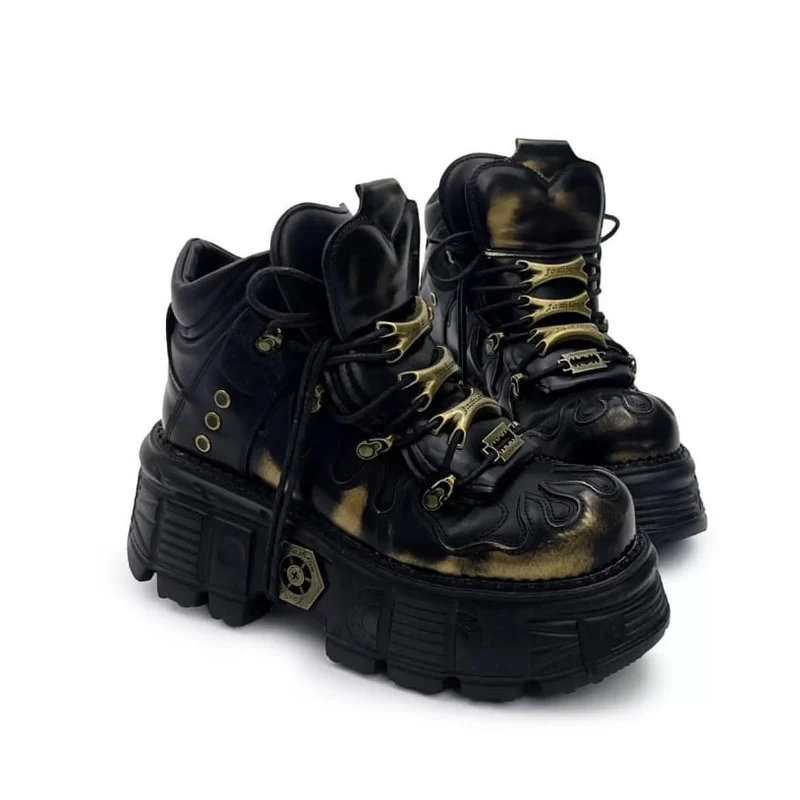 Punk-Schnürschuhe für Damen, zweifarbig, mit runder Zehenpartie, Plateau und dicker Sohle