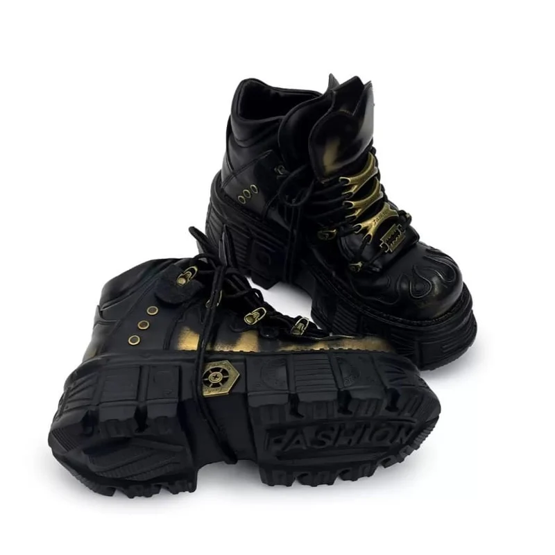 Punk-Schnürschuhe für Damen, zweifarbig, mit runder Zehenpartie, Plateau und dicker Sohle
