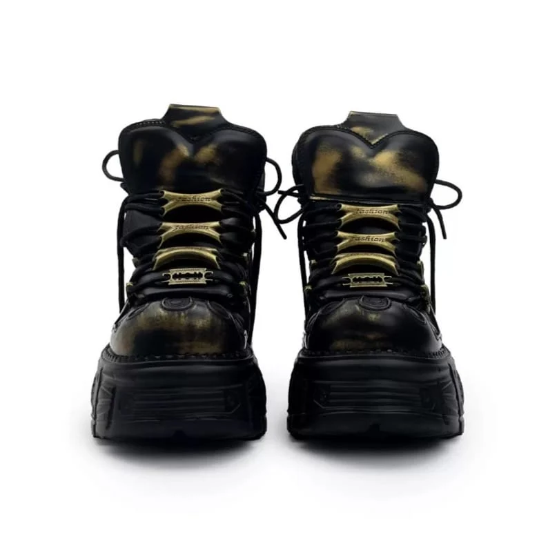 Punk-Schnürschuhe für Herren, zweifarbig, mit runder Zehenpartie, Plateau und dicker Sohle