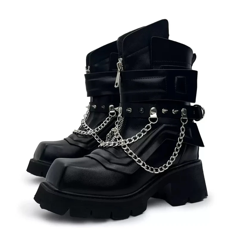 Punk-Stiefel für Herren mit Nieten, Kettenriemen, Schnalle, eckiger Zehenpartie, Plateau und Blockabsatz