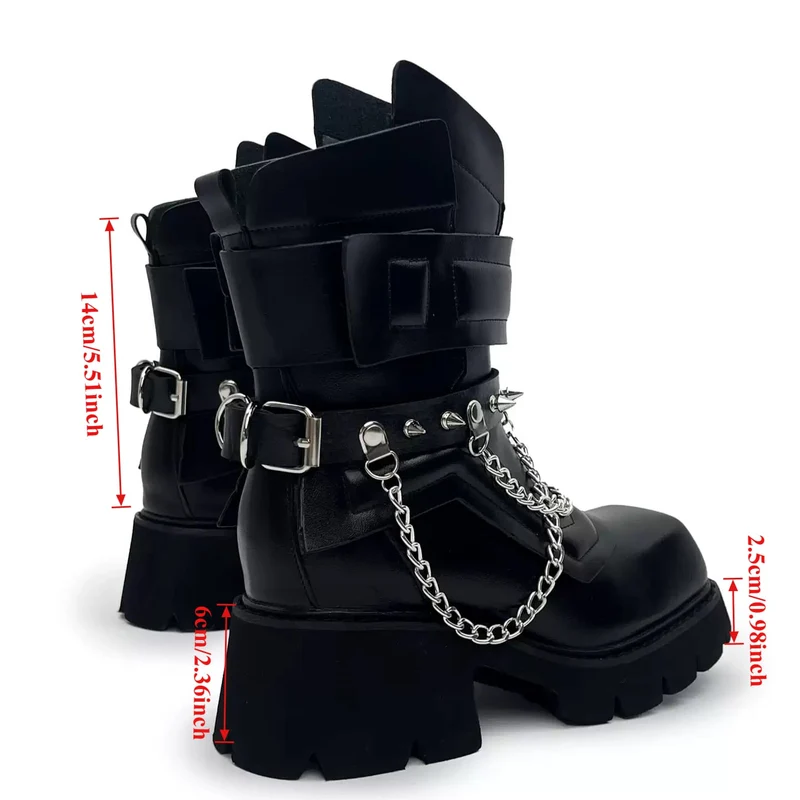 Punkige Damen-Plateaustiefel mit Nieten, Kettenriemen, Schnalle, eckiger Zehenpartie und Blockabsatz