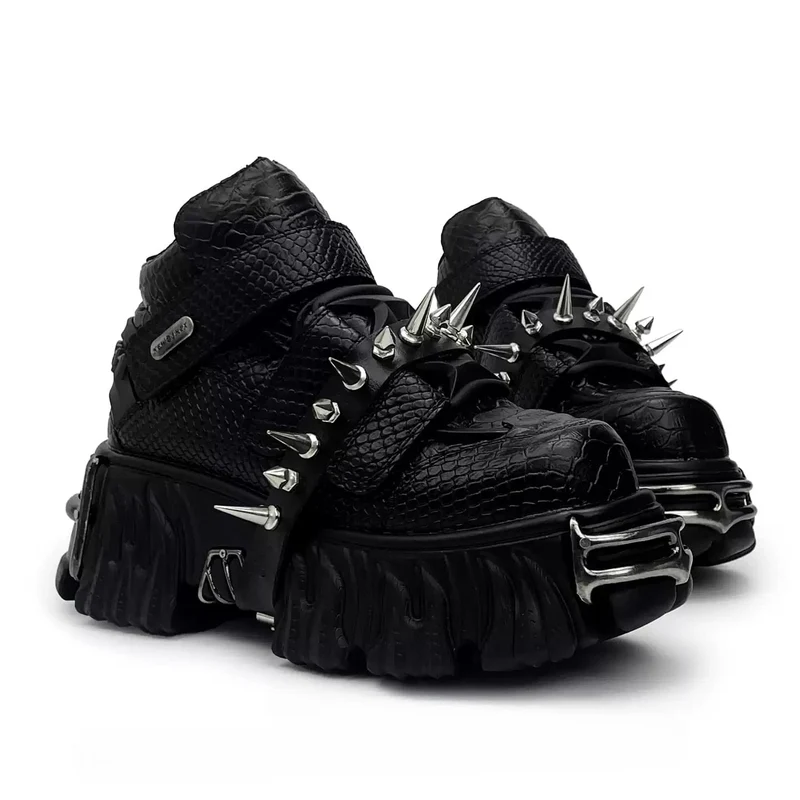 Punk-Schuhe für Damen mit Nietenriemen, Alligatorprint und klobiger Sohle