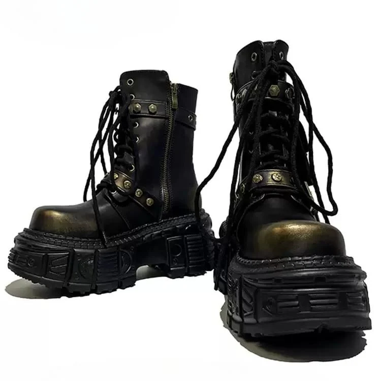 Punkige Damen-Ankle-Boots mit Nieten, Schnallenriemen, Schnürung, Plateau und dicker Sohle