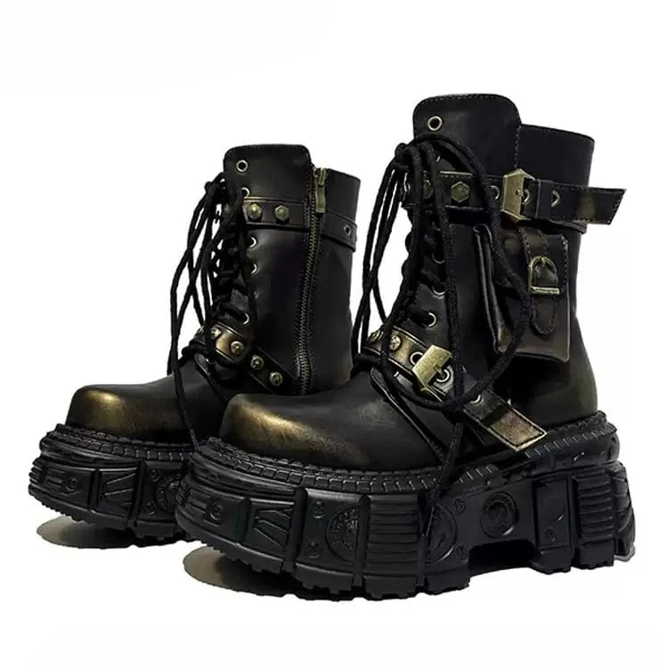 Punkige Damen-Ankle-Boots mit Nieten, Schnallenriemen, Schnürung, Plateau und dicker Sohle