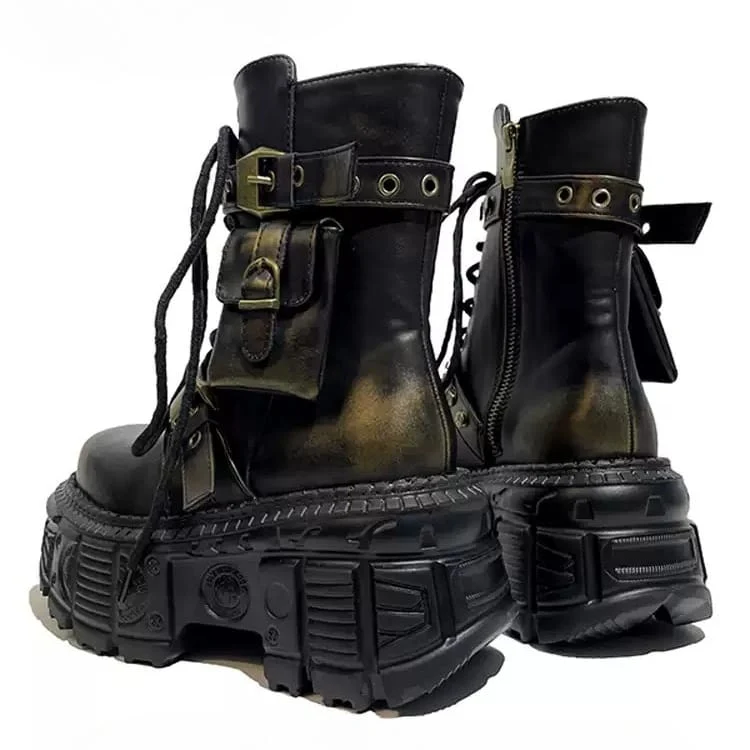Punkige Damen-Ankle-Boots mit Nieten, Schnallenriemen, Schnürung, Plateau und dicker Sohle