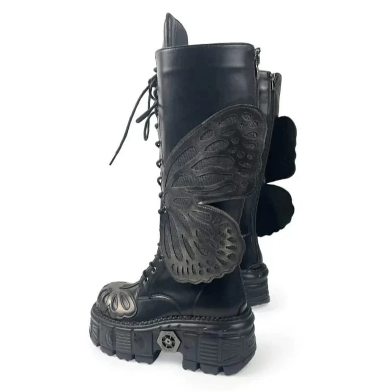 Grunge-Schnürstiefel für Damen mit Schmetterlingsflügel-Plateau und dicker Sohle