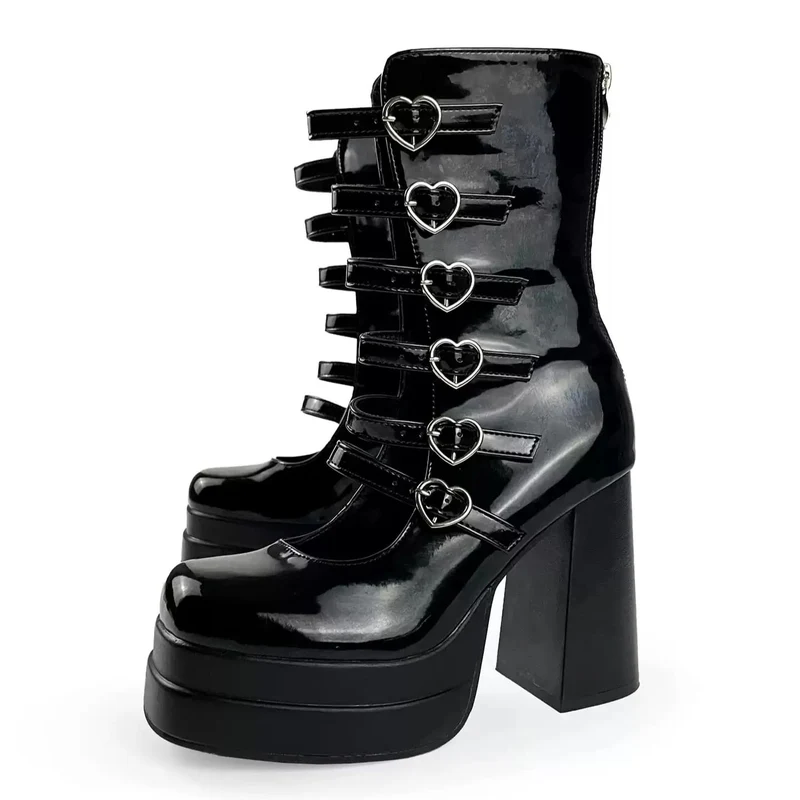 Grunge-Stiefeletten für Damen mit herzförmigen Schnallen, mehrlagigen Riemen und Plateauabsatz