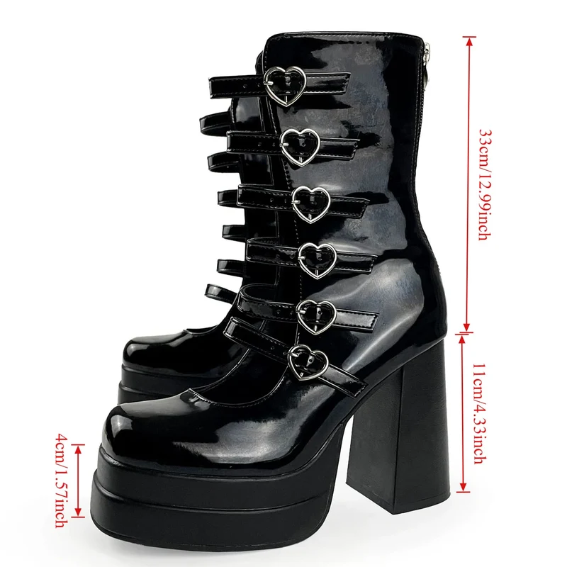 Grunge-Stiefeletten für Damen mit herzförmigen Schnallen, mehrlagigen Riemen und Plateauabsatz