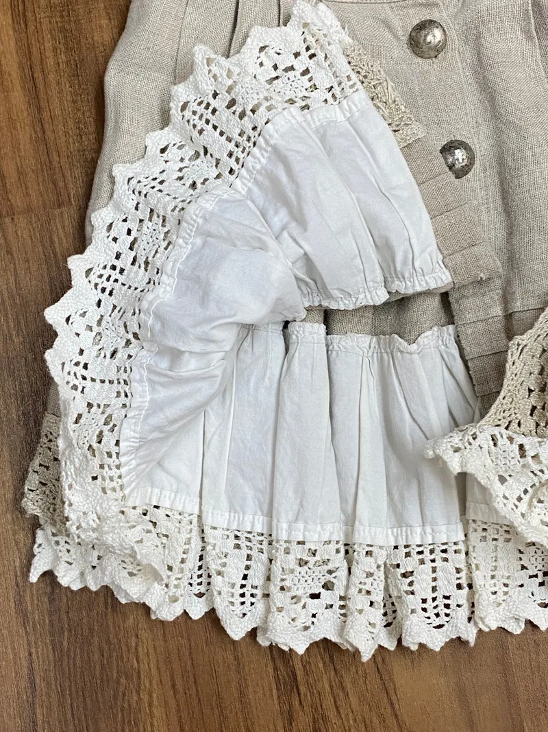 Vintage Trachtenrock Damen Leinen Beige mit Klöppelspitze Gr. 36