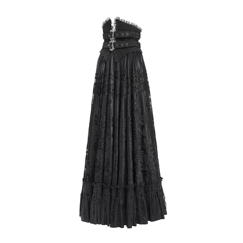Gothic Jacquard Quasten Schnallen Langer Rock für Damen Schwarz