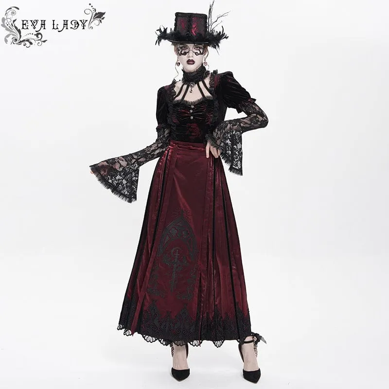 Langer Gothic-Rock für Damen mit Blumenstickerei und Pferdegesicht