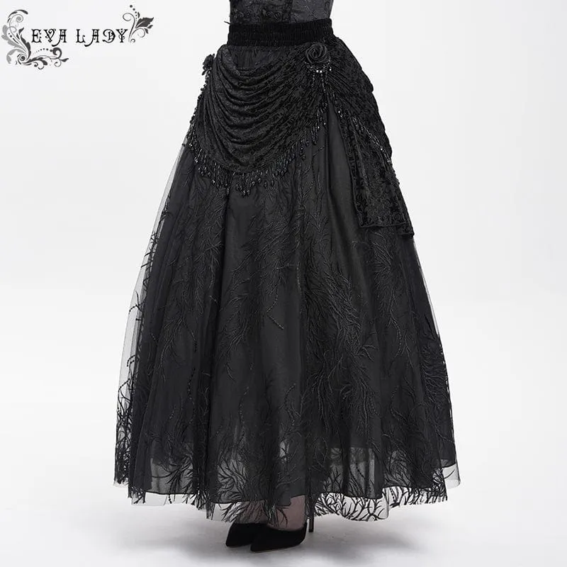 Gothic-Rock mit Blumenstickerei und Perlen für Damen, lang, Schwarz