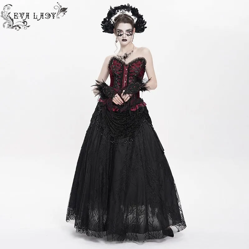Gothic-Rock mit Blumenstickerei und Perlen für Damen, lang, Schwarz