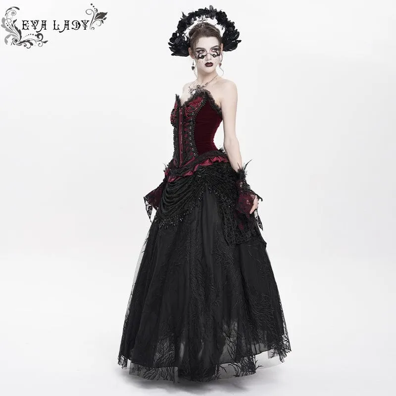 Gothic-Rock mit Blumenstickerei und Perlen für Damen, lang, Schwarz