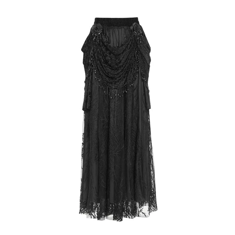 Gothic-Rock mit Blumenstickerei und Perlen für Damen, lang, Schwarz