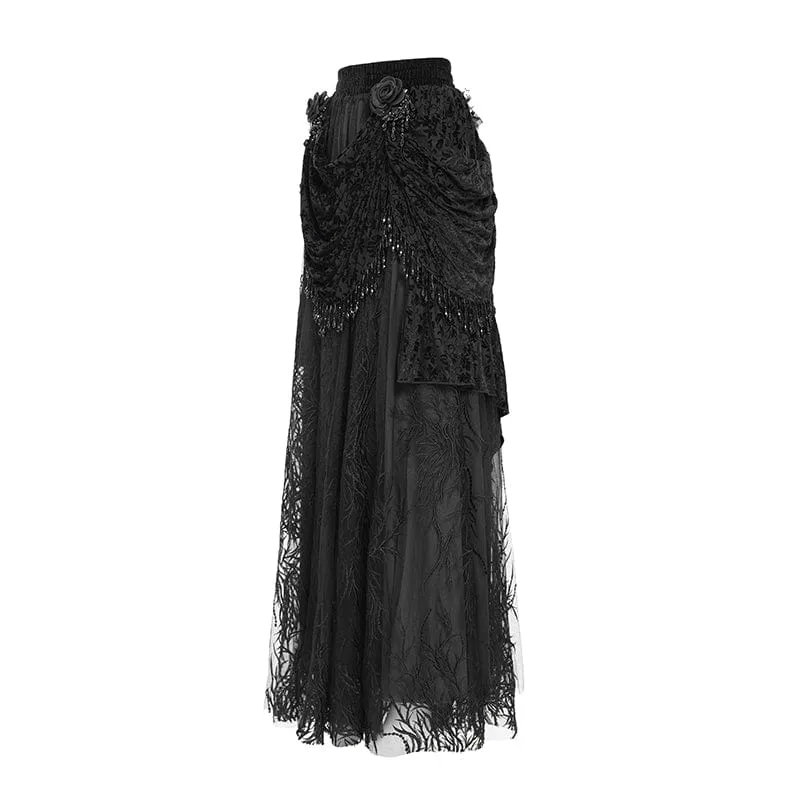 Gothic-Rock mit Blumenstickerei und Perlen für Damen, lang, Schwarz